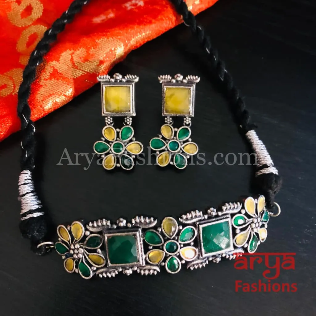 Multicolor Handcarved stone Silver Oxidized Choker
