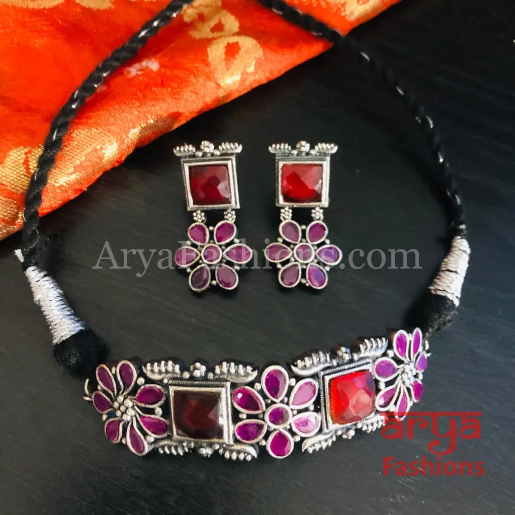 Multicolor Handcarved stone Silver Oxidized Choker