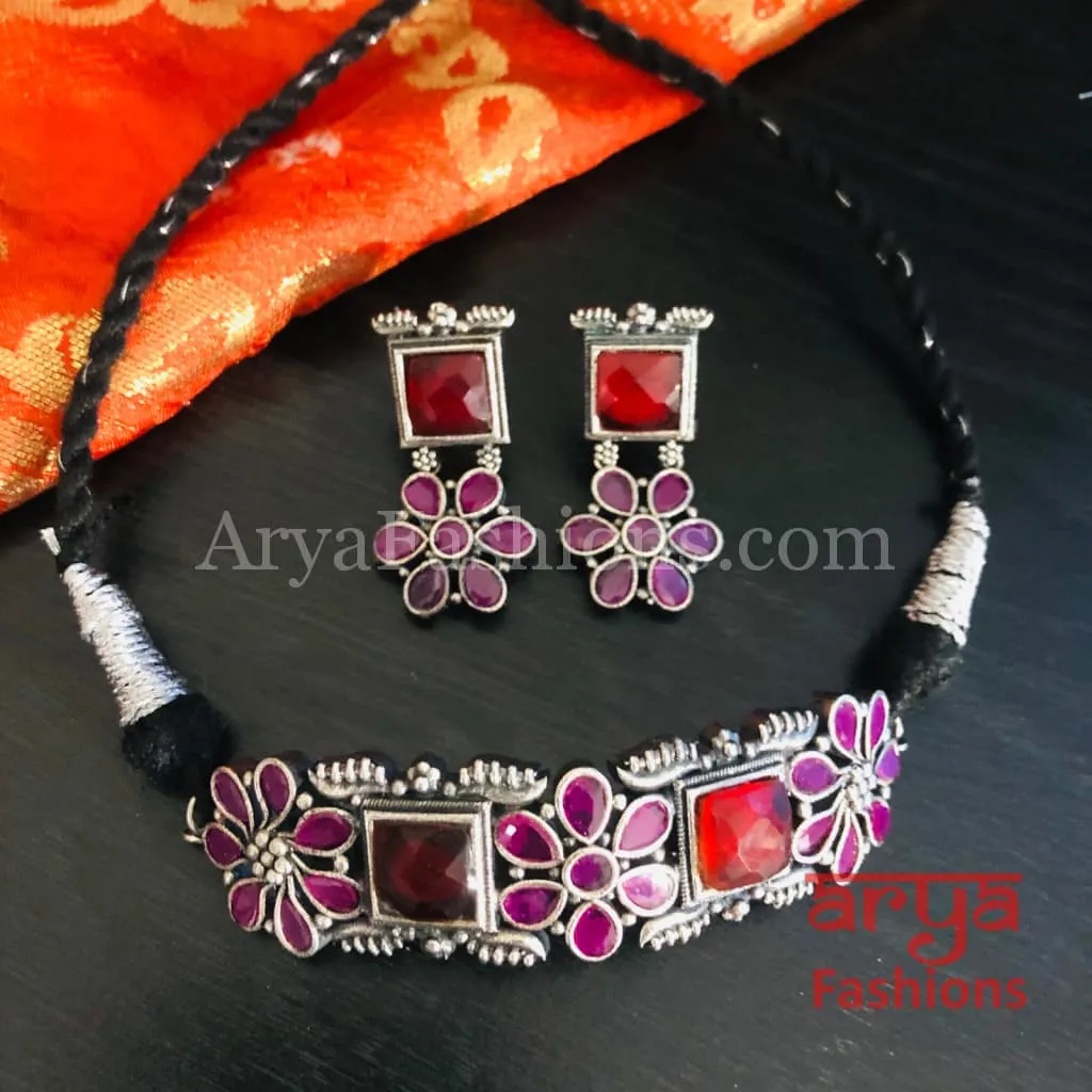 Multicolor Handcarved stone Silver Oxidized Choker