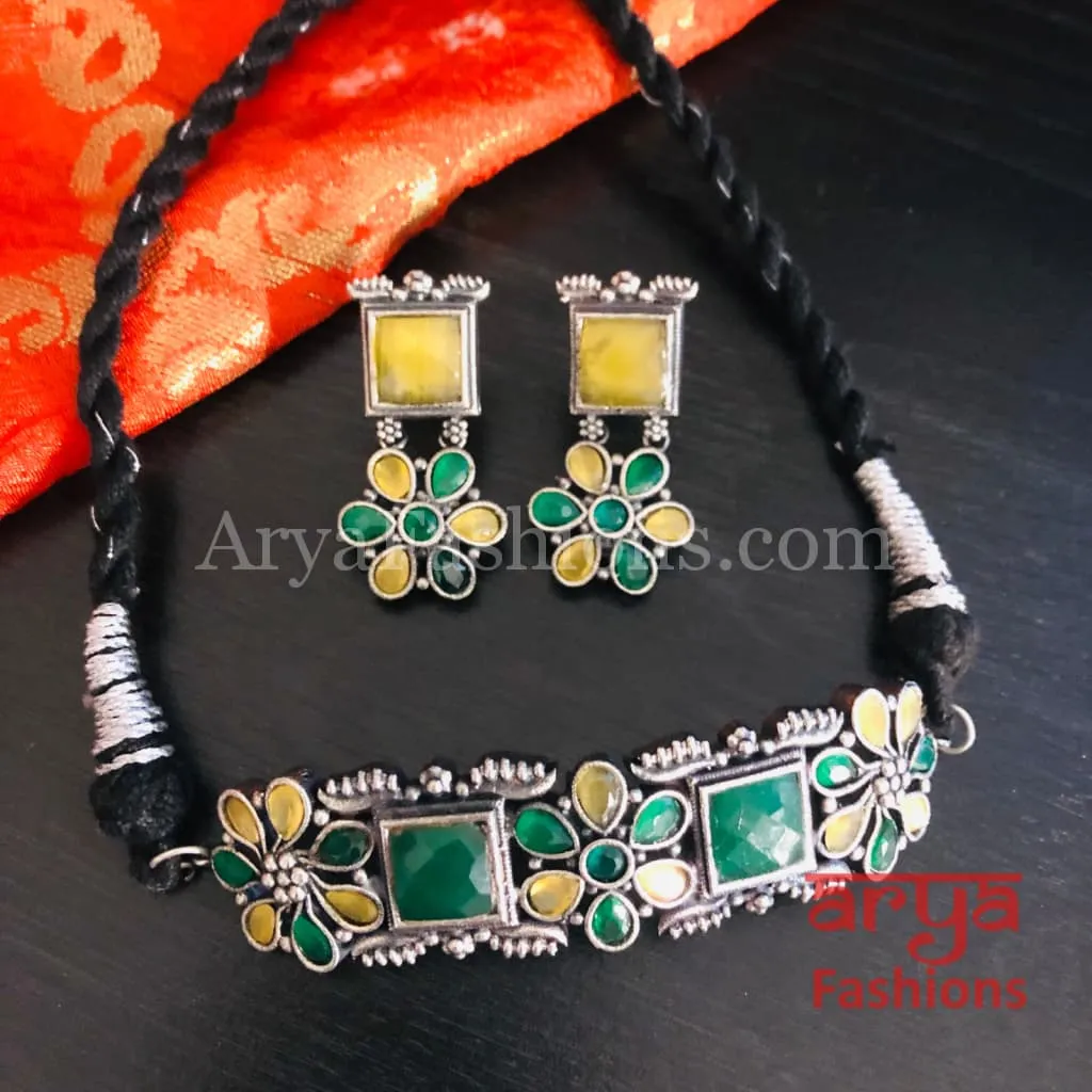 Multicolor Handcarved stone Silver Oxidized Choker