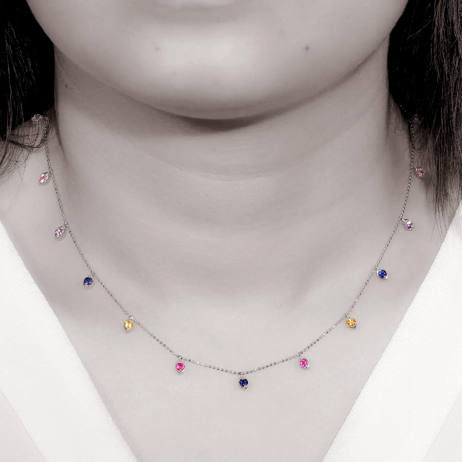 Multicolor Sapphire 18k White Gold Station Chain Necklace Gemstone Jewelry For Her