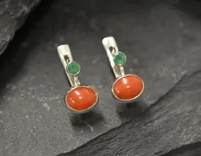 Natural Coral Earrings - Genuine Emerald Earrings - Red Green Earrings
