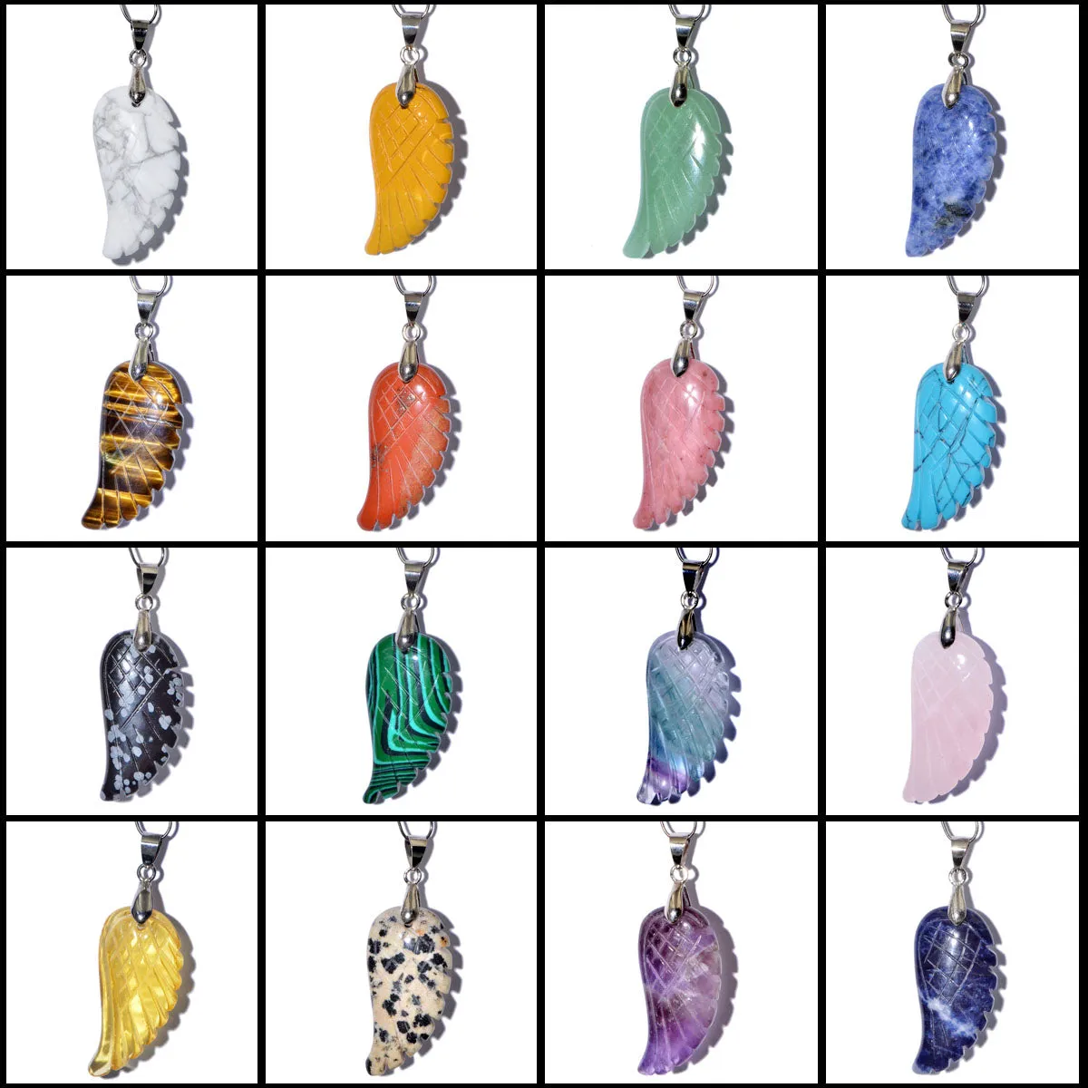 Natural Gemstone Carved Angel Wing Reiki Chakra Healing Necklace Pendant