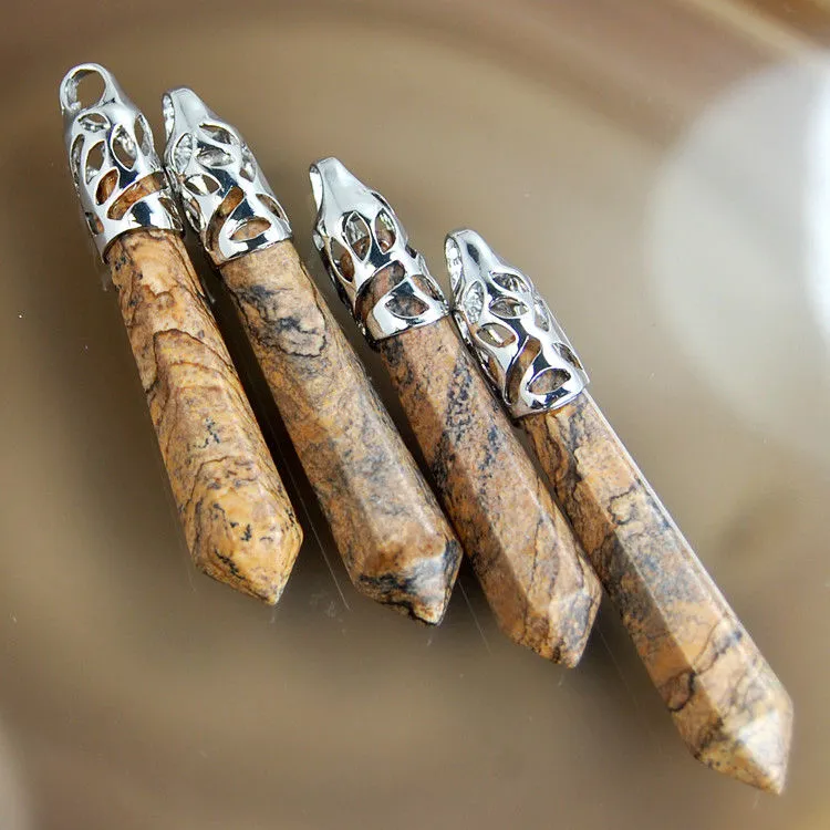 Natural Gemstones Long Hexagonal Pointed Reiki Chakra Healing Silver Plated Pendant
