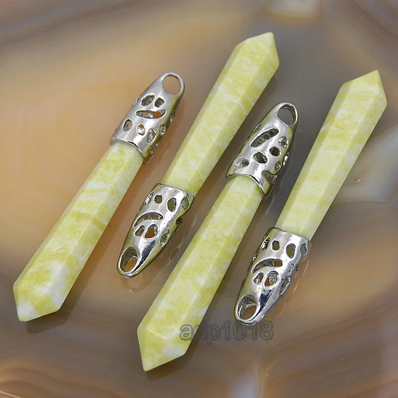 Natural Gemstones Long Hexagonal Pointed Reiki Chakra Healing Silver Plated Pendant
