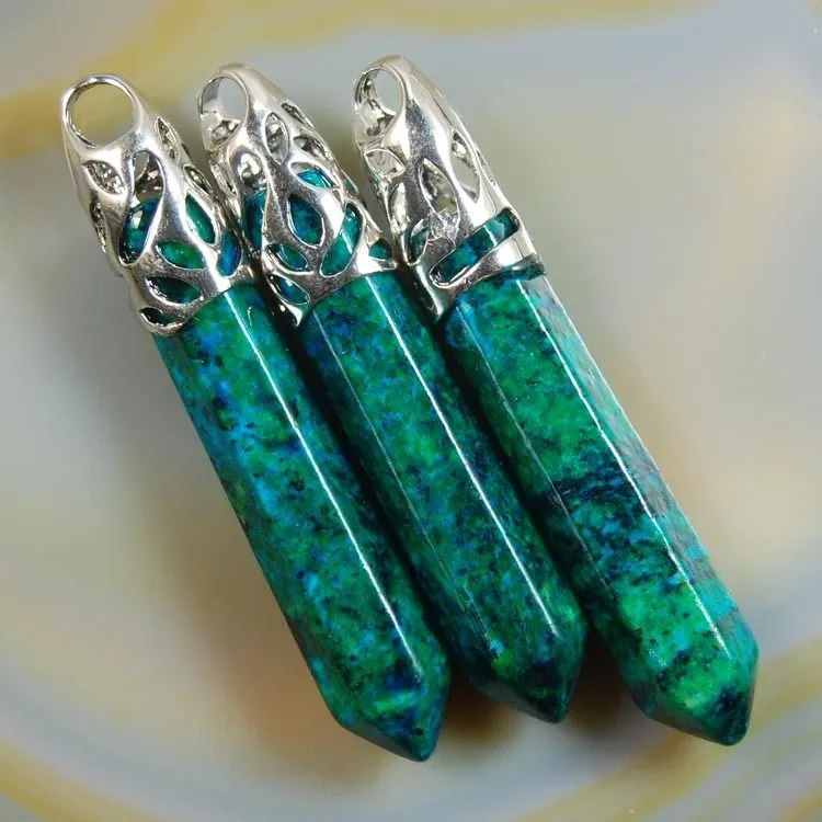 Natural Gemstones Long Hexagonal Pointed Reiki Chakra Healing Silver Plated Pendant