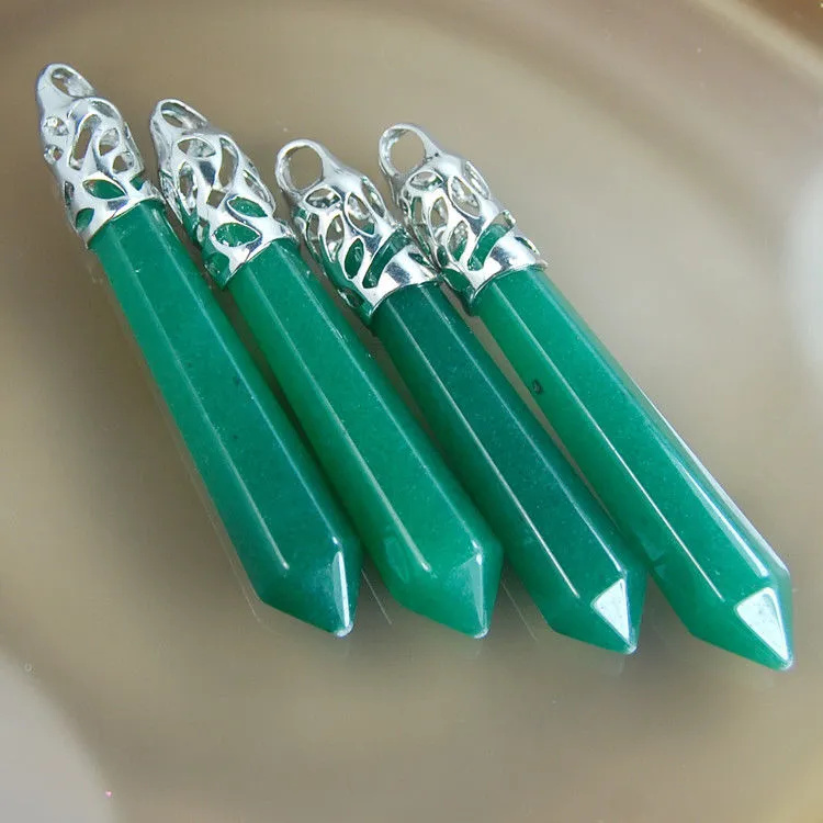 Natural Gemstones Long Hexagonal Pointed Reiki Chakra Healing Silver Plated Pendant