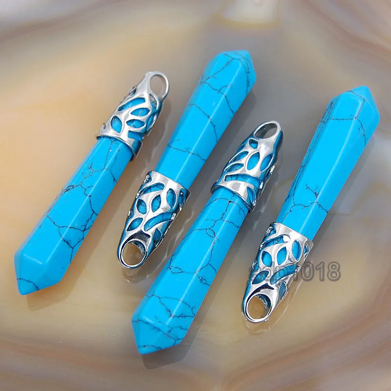 Natural Gemstones Long Hexagonal Pointed Reiki Chakra Healing Silver Plated Pendant