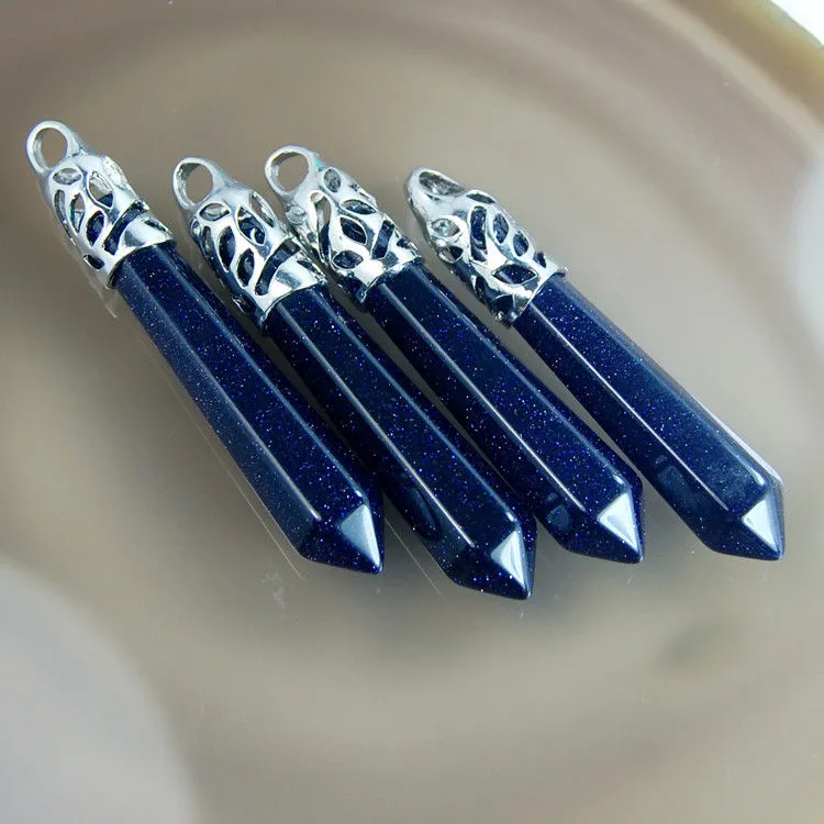 Natural Gemstones Long Hexagonal Pointed Reiki Chakra Healing Silver Plated Pendant
