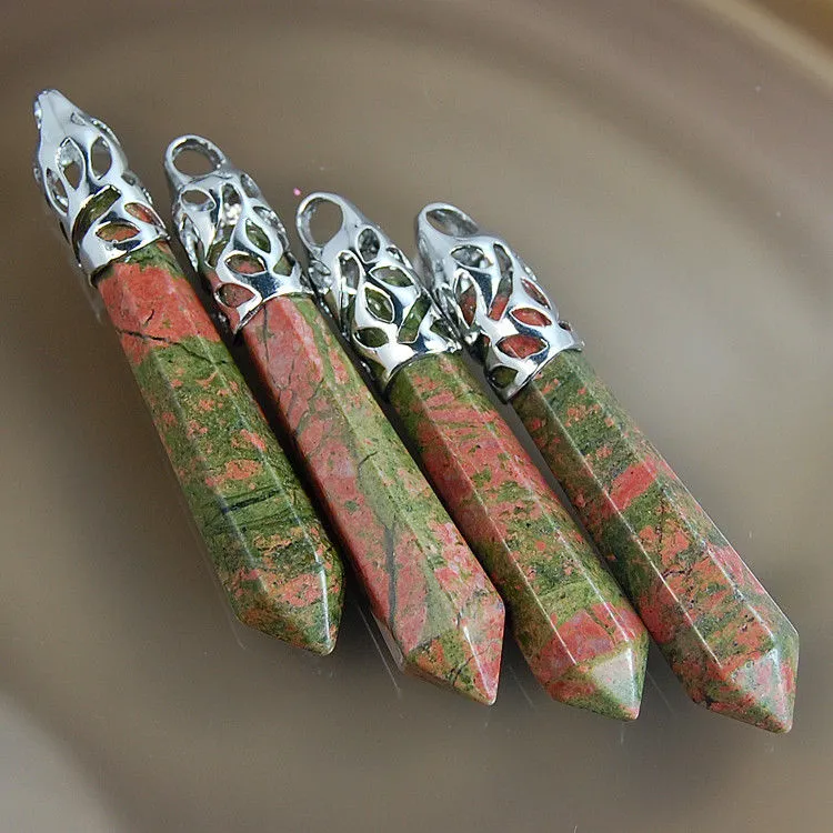 Natural Gemstones Long Hexagonal Pointed Reiki Chakra Healing Silver Plated Pendant