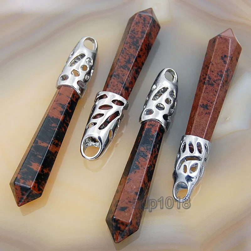 Natural Gemstones Long Hexagonal Pointed Reiki Chakra Healing Silver Plated Pendant