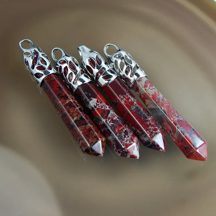 Natural Gemstones Long Hexagonal Pointed Reiki Chakra Healing Silver Plated Pendant