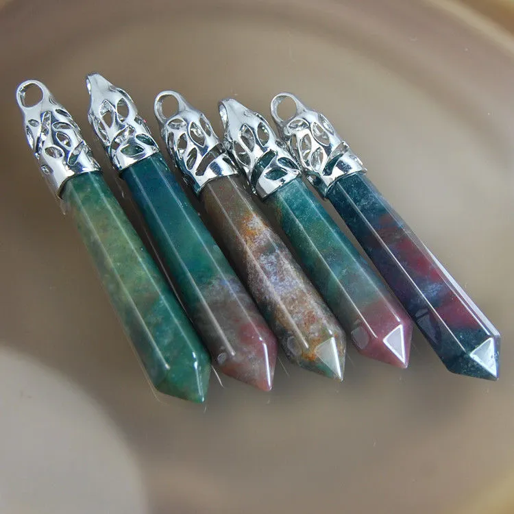 Natural Gemstones Long Hexagonal Pointed Reiki Chakra Healing Silver Plated Pendant