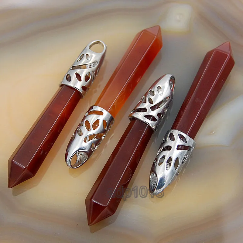 Natural Gemstones Long Hexagonal Pointed Reiki Chakra Healing Silver Plated Pendant