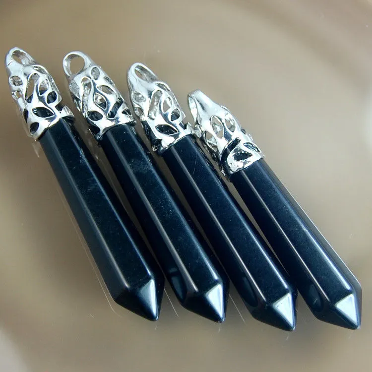 Natural Gemstones Long Hexagonal Pointed Reiki Chakra Healing Silver Plated Pendant