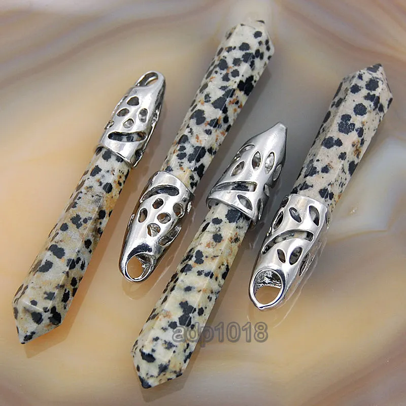 Natural Gemstones Long Hexagonal Pointed Reiki Chakra Healing Silver Plated Pendant