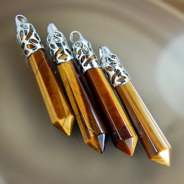 Natural Gemstones Long Hexagonal Pointed Reiki Chakra Healing Silver Plated Pendant