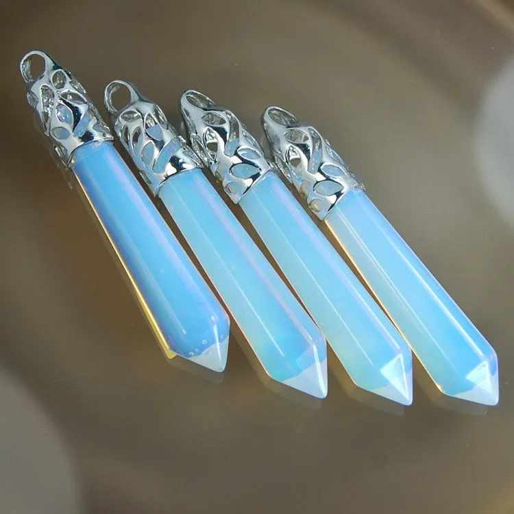 Natural Gemstones Long Hexagonal Pointed Reiki Chakra Healing Silver Plated Pendant