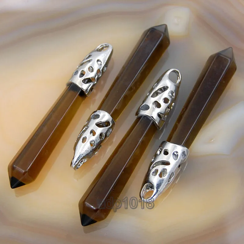 Natural Gemstones Long Hexagonal Pointed Reiki Chakra Healing Silver Plated Pendant