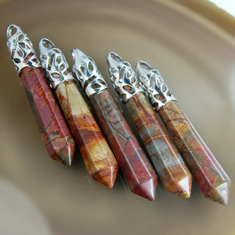 Natural Gemstones Long Hexagonal Pointed Reiki Chakra Healing Silver Plated Pendant