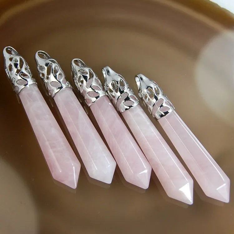 Natural Gemstones Long Hexagonal Pointed Reiki Chakra Healing Silver Plated Pendant