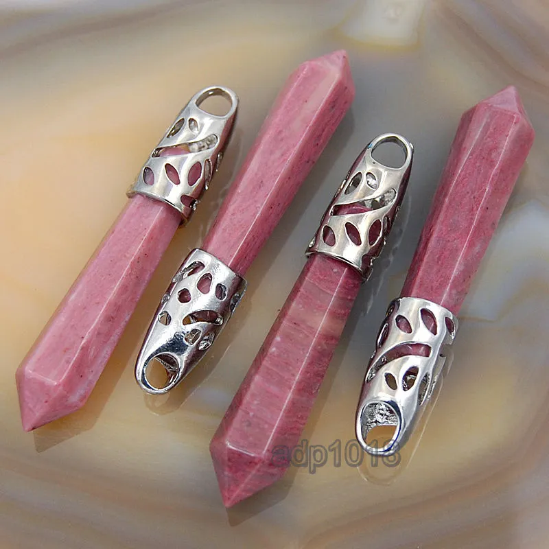 Natural Gemstones Long Hexagonal Pointed Reiki Chakra Healing Silver Plated Pendant