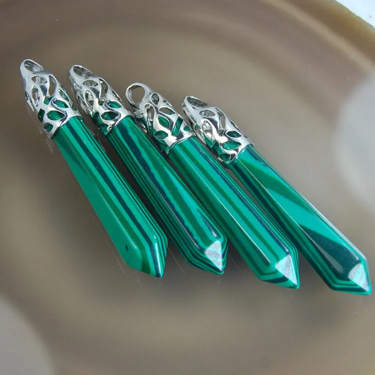 Natural Gemstones Long Hexagonal Pointed Reiki Chakra Healing Silver Plated Pendant