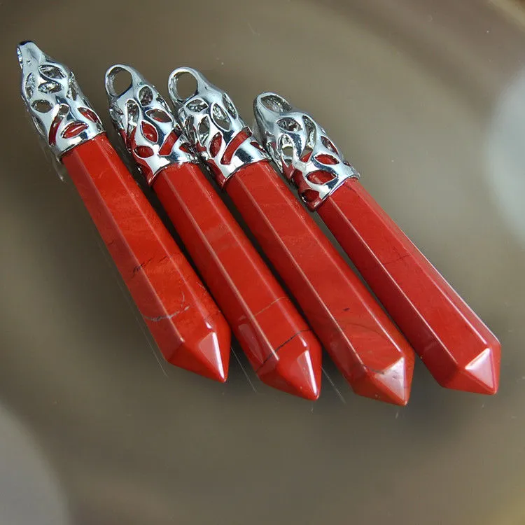 Natural Gemstones Long Hexagonal Pointed Reiki Chakra Healing Silver Plated Pendant