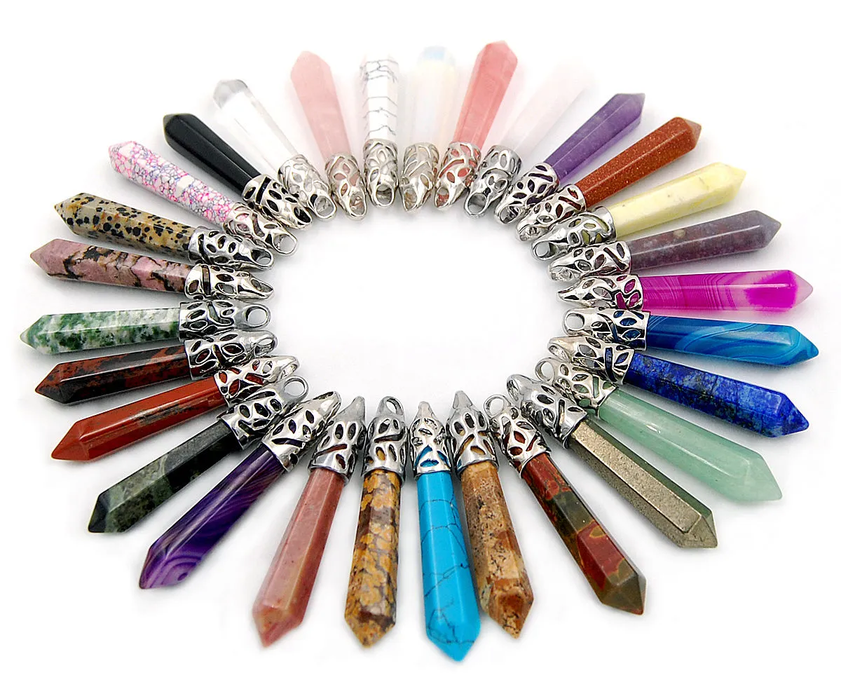 Natural Gemstones Long Hexagonal Pointed Reiki Chakra Healing Silver Plated Pendant