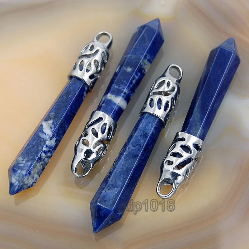 Natural Gemstones Long Hexagonal Pointed Reiki Chakra Healing Silver Plated Pendant