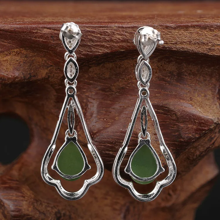 Natural Jade Earrings Nephrite Silver Zircon Earrings ZEG551