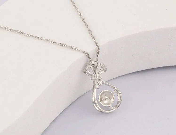 Necklace Pendant Setting Blank 9.5mm 1pc 1.3g 925 Sterling Silver Gift Bag Shape Base for 1 Pearl Bead CZ Semi Mount Wholesale Available