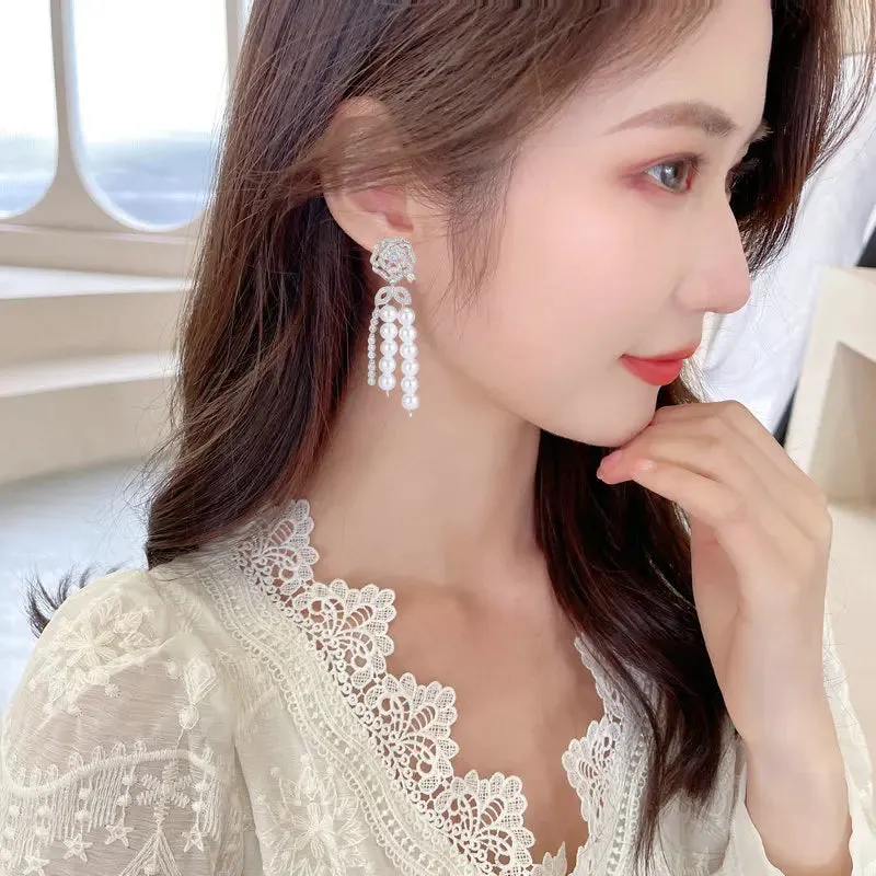 New Crystal Cubic Zirconia Camellia Flower Pearl Tassel Earrings Banquet Dress Bridal Wedding Jewely Accessories LYG127