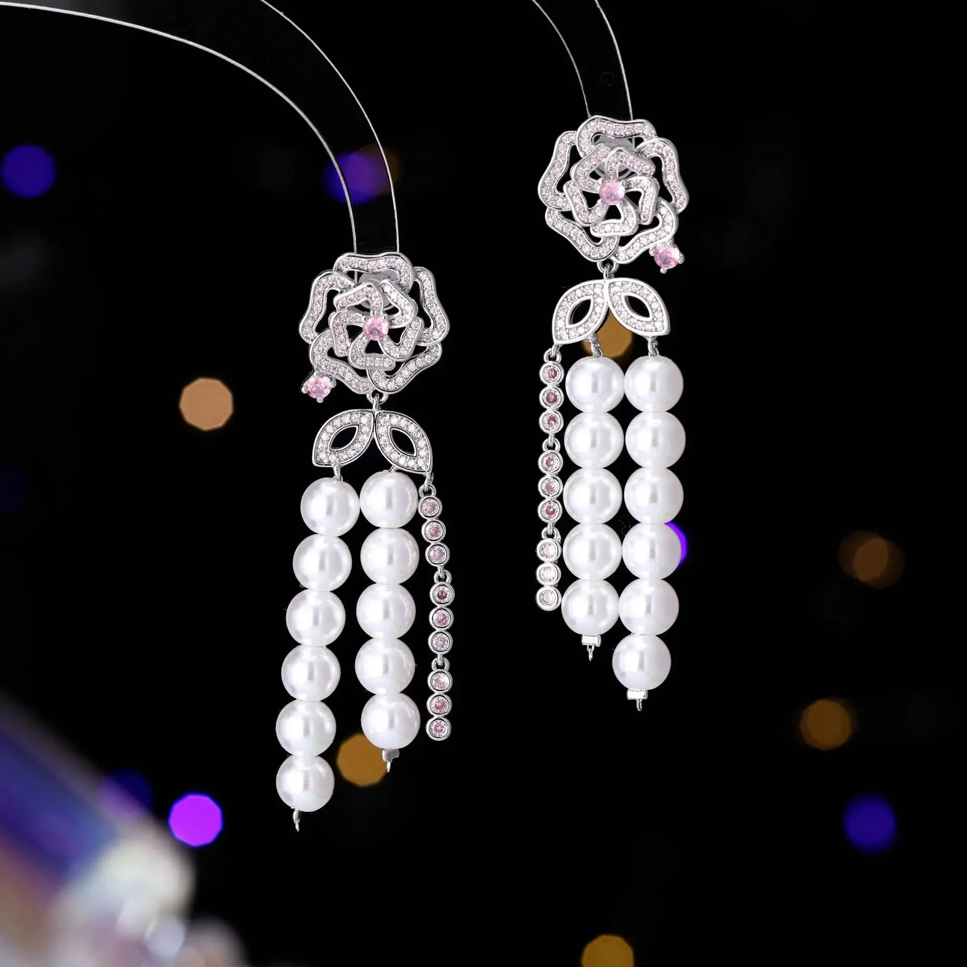 New Crystal Cubic Zirconia Camellia Flower Pearl Tassel Earrings Banquet Dress Bridal Wedding Jewely Accessories LYG127