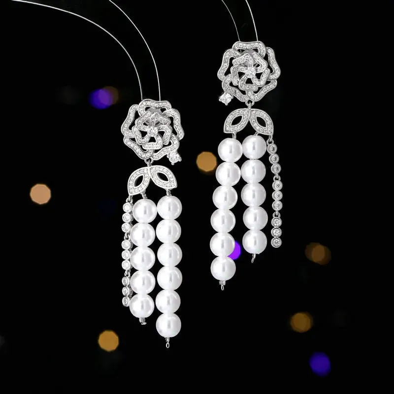 New Crystal Cubic Zirconia Camellia Flower Pearl Tassel Earrings Banquet Dress Bridal Wedding Jewely Accessories LYG127