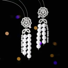 New Crystal Cubic Zirconia Camellia Flower Pearl Tassel Earrings Banquet Dress Bridal Wedding Jewely Accessories LYG127