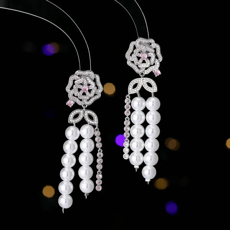 New Crystal Cubic Zirconia Camellia Flower Pearl Tassel Earrings Banquet Dress Bridal Wedding Jewely Accessories LYG127
