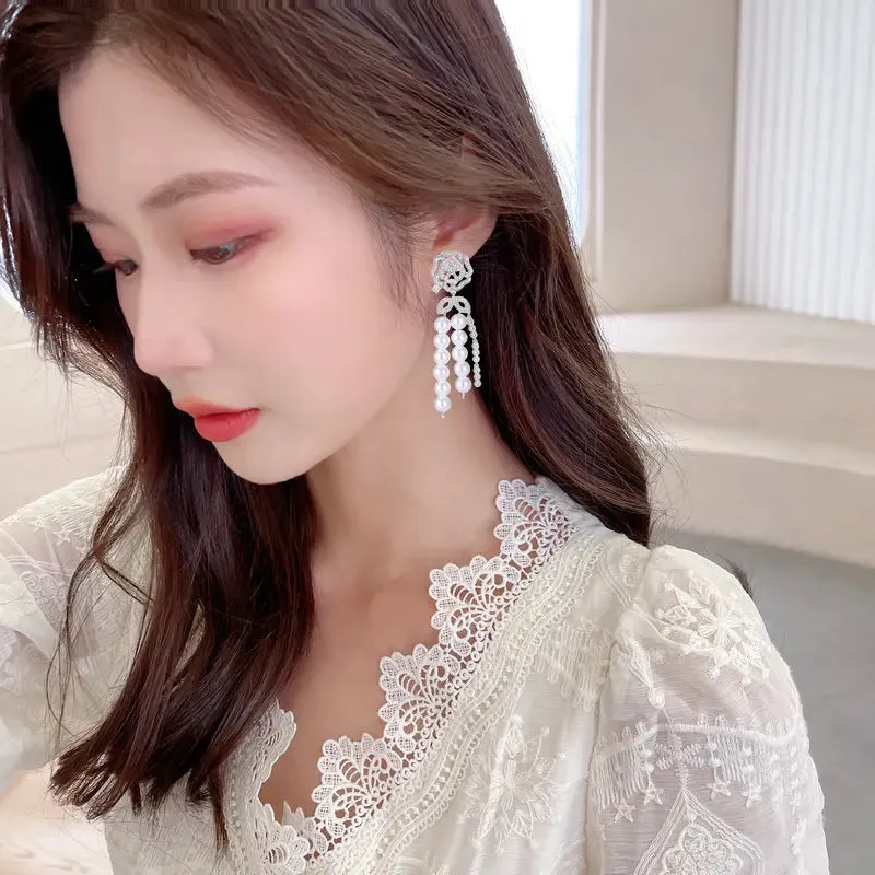 New Crystal Cubic Zirconia Camellia Flower Pearl Tassel Earrings Banquet Dress Bridal Wedding Jewely Accessories LYG127