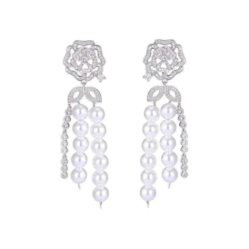 New Crystal Cubic Zirconia Camellia Flower Pearl Tassel Earrings Banquet Dress Bridal Wedding Jewely Accessories LYG127