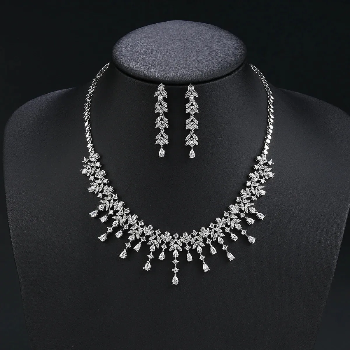 New Design Leaf and Water Drops Necklace Earrings Set  For Women Wedding Luxury Dubai Bridal White Zirconia Jewelry Set CN11203