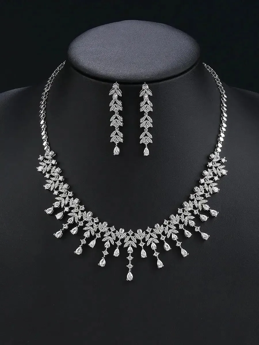 New Design Leaf and Water Drops Necklace Earrings Set  For Women Wedding Luxury Dubai Bridal White Zirconia Jewelry Set CN11203