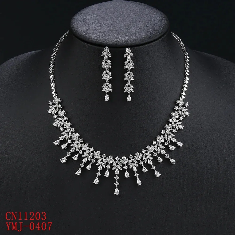 New Design Leaf and Water Drops Necklace Earrings Set  For Women Wedding Luxury Dubai Bridal White Zirconia Jewelry Set CN11203