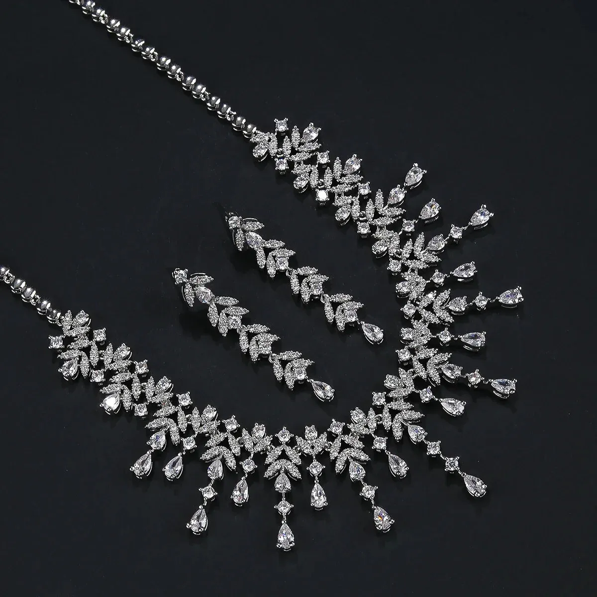 New Design Leaf and Water Drops Necklace Earrings Set  For Women Wedding Luxury Dubai Bridal White Zirconia Jewelry Set CN11203