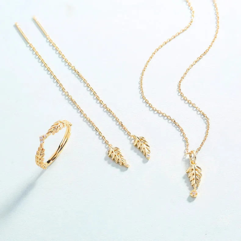 Olive Leaf Zircon Long Tassel Sterling Silver Ear Line Earrings