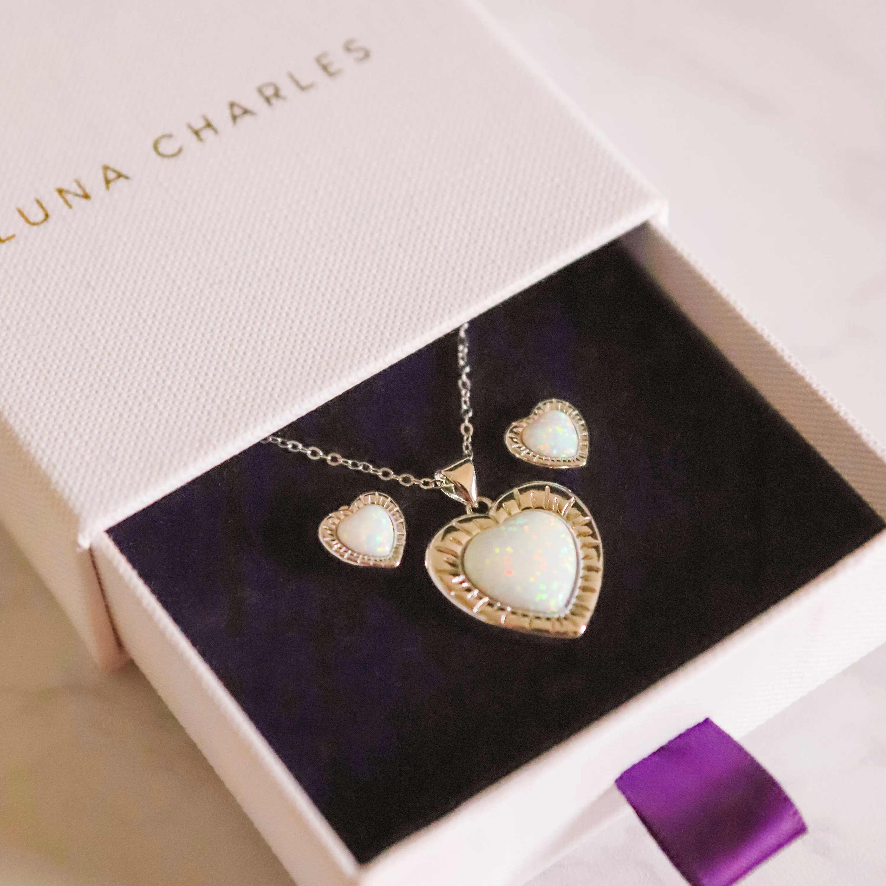 Opal Heart Necklace Gift Set | Earrings & Necklace | 925 Sterling Silver