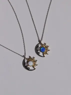 Opal Moon and Sun Necklace, 925 Sterling Silver