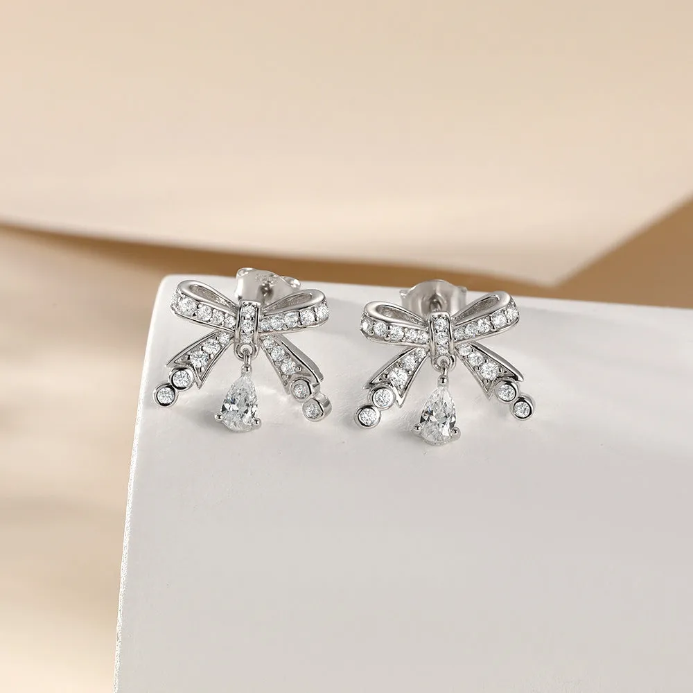 Pear Shape Zircon Bowknot Sterling Silver Stud Earrings