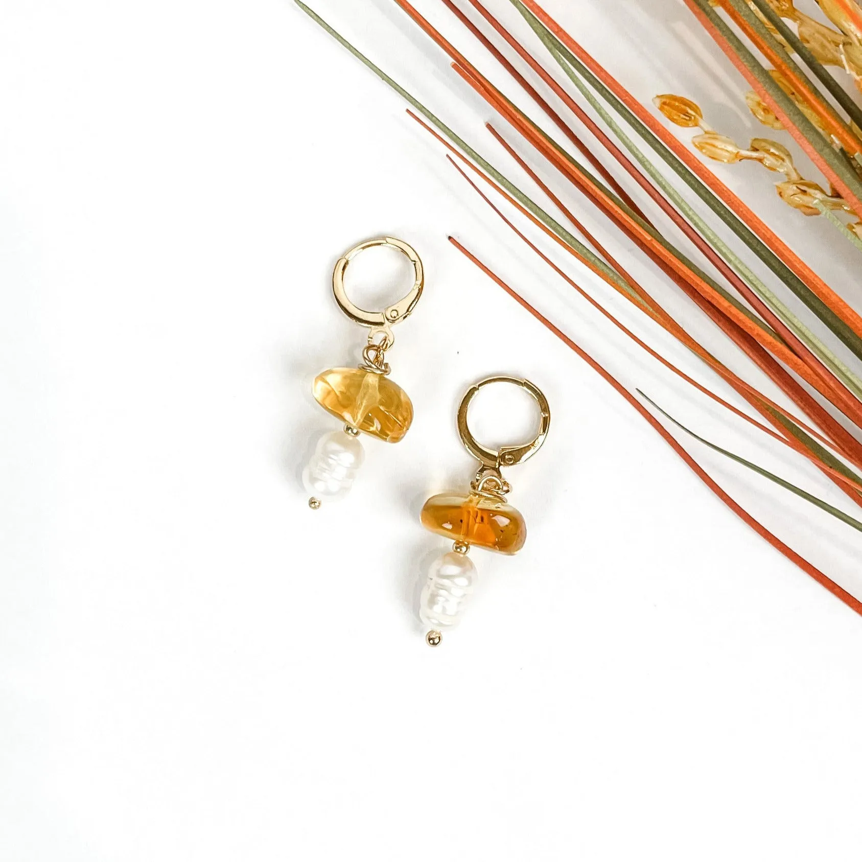 Pearl and Amber Drop Earrings