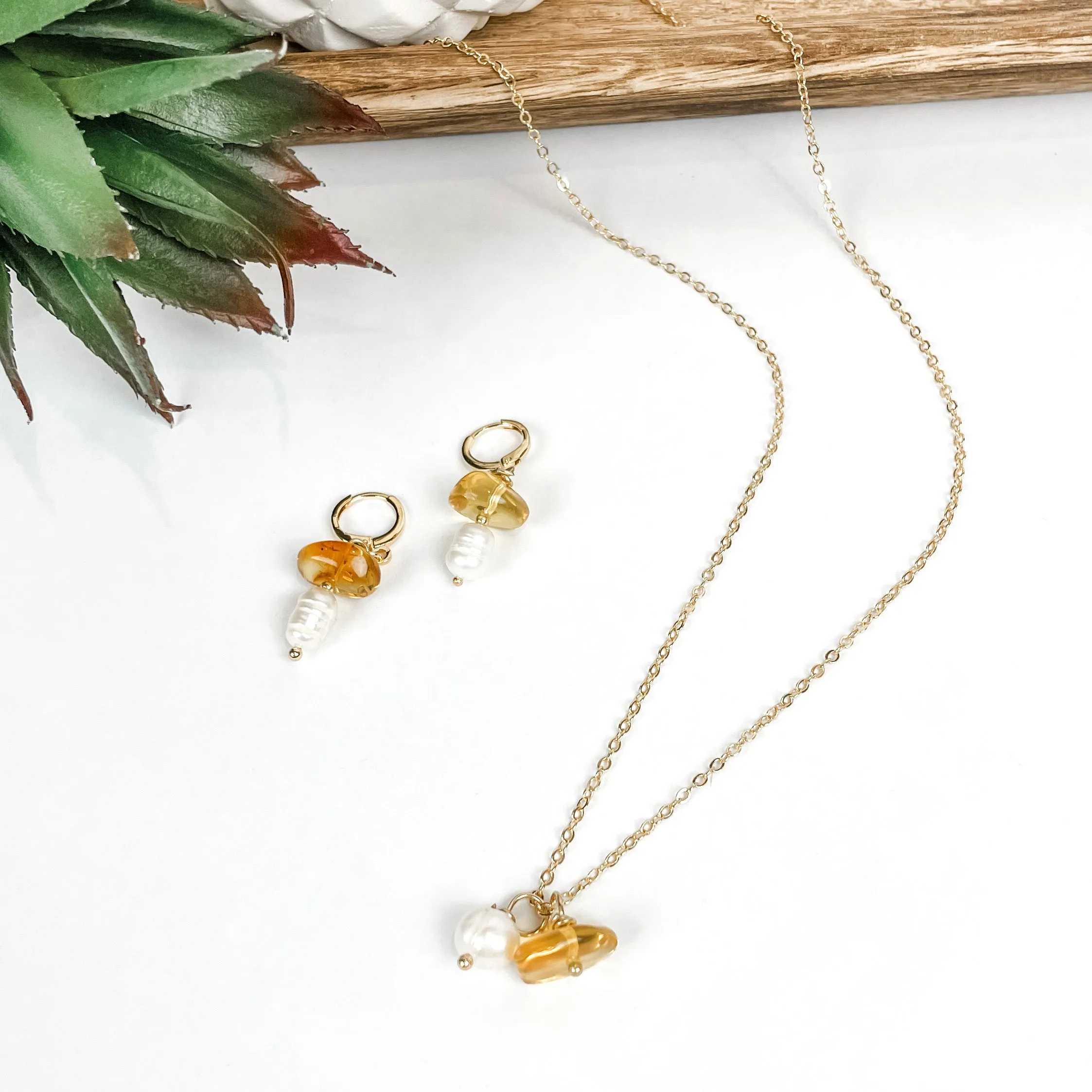 Pearl and Amber Drop Earrings