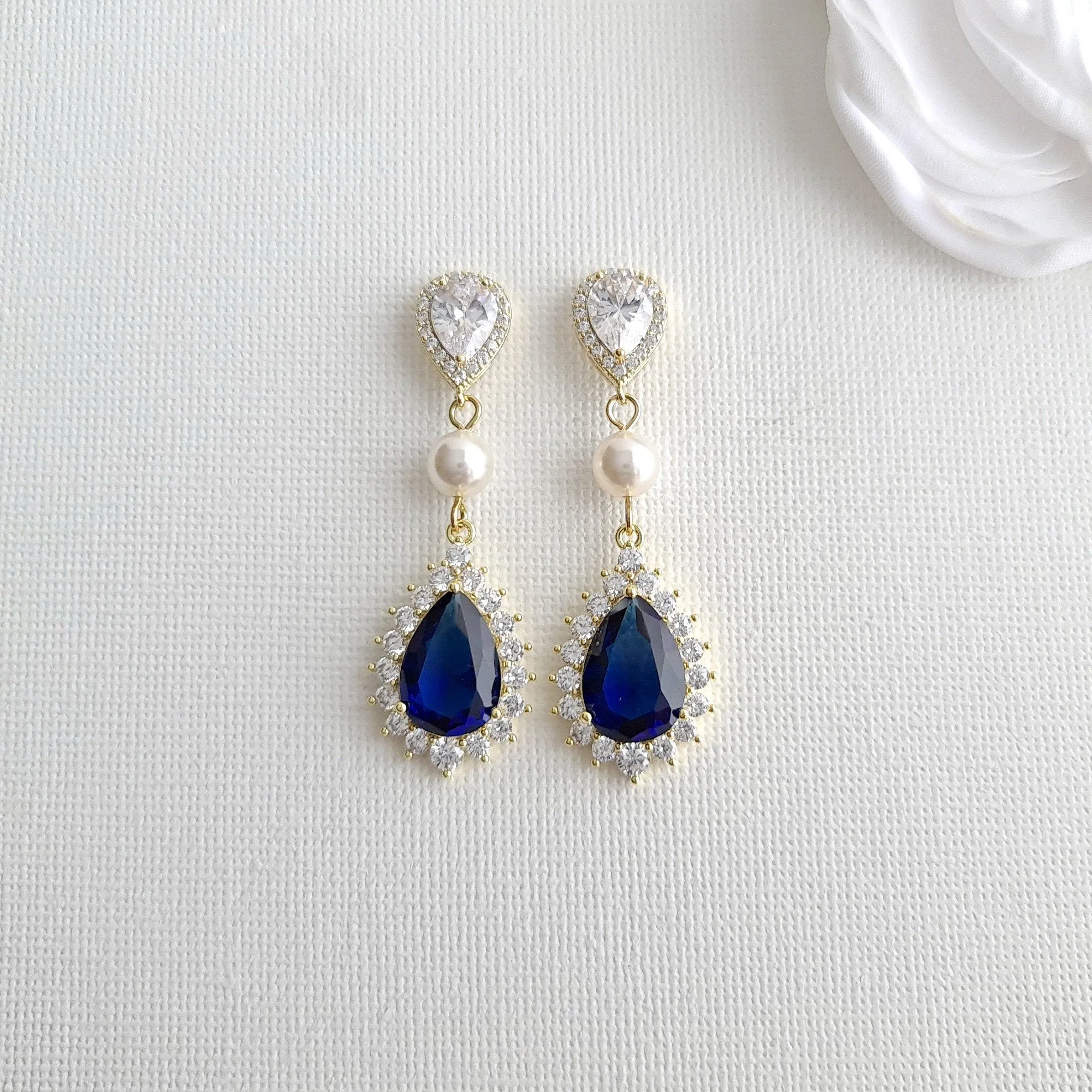 Pearl and Crystal Blue Wedding Jewelry Set for Brides-Aoi